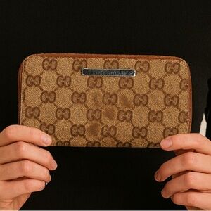 Gucci Vintage GG Supreme Canvas Zip Around Wallet with Brown Leather Trim